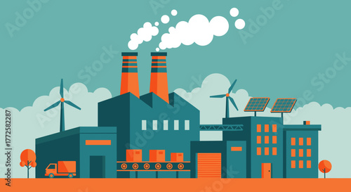 Factory complex illustration production clean energy and pollution Industrial manufacturing concept