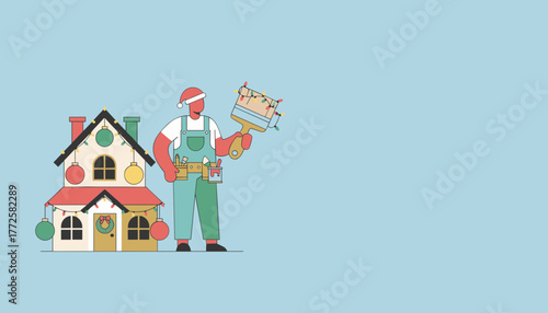 Festive home maintenance concept Builder decorating house for Christmas