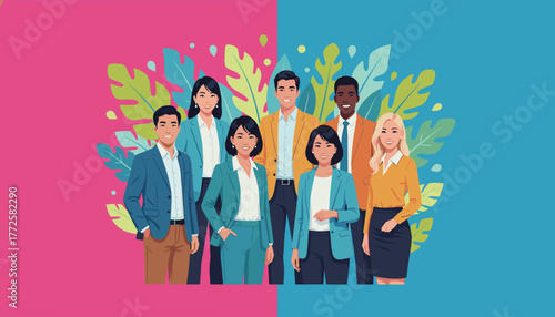 Smiling diverse professional team illustration Global business partnership and successful cooperation