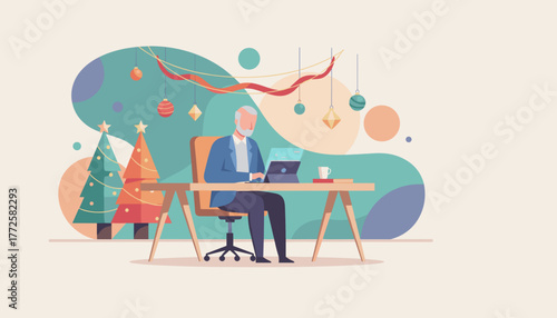 Senior man working on computer in office decorated for Christmas holidays