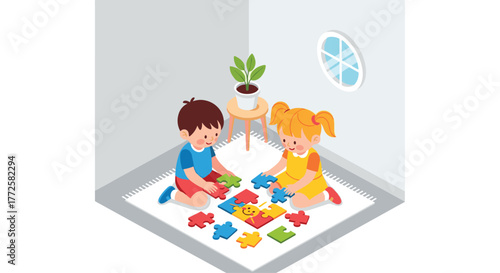 Joyful children collaborating to solve a colorful puzzle, learning together in a bright, modern playroom