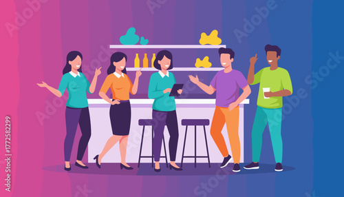 Diverse group socializing and discussing ideas in a modern lounge or office bar