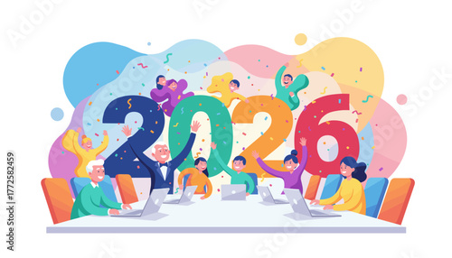 Diverse team celebrates New Year 2026 success at the office surrounded by confetti