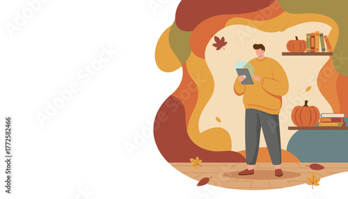 Man reading ebook in a cozy autumn setting with pumpkins and fall colors Digital reading and relaxation