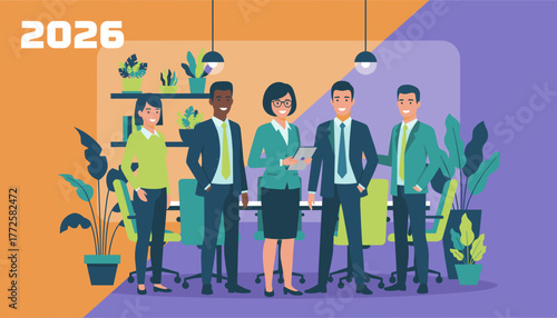 Diverse business team planning for 2026 Professionals smiling in a modern office setting representing success