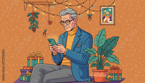 Modern senior man uses smartphone for holiday greetings next to festive gifts