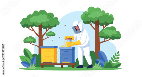 Dedicated beekeeper in protective suit carefully harvests golden honey from vibrant apiary surrounded by lush greenery and trees