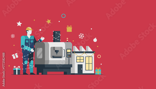 Holiday production Factory worker with CNC machine decorated with festive lights and gifts