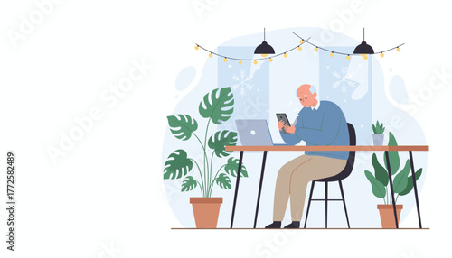 Elderly man focused on smartphone screen near laptop indoors in winter surrounded by plants