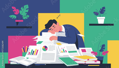 Overworked professional sleeping on a huge pile of documents deadline stress and burnout