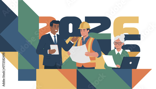 Business team collaborating on 2025 development plans construction and future growth goals