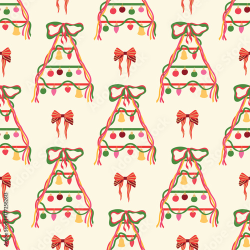 Modern Christmas tree vector seamless pattern. Abstract winter holiday triangle tree wall decoration made of ribbons, ornaments, garlands, festive bow on cream background. Bright colorful xmas tile