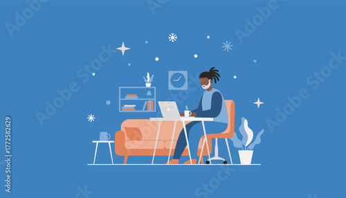 Professional man works on laptop in cozy home office Freelance or WFH concept