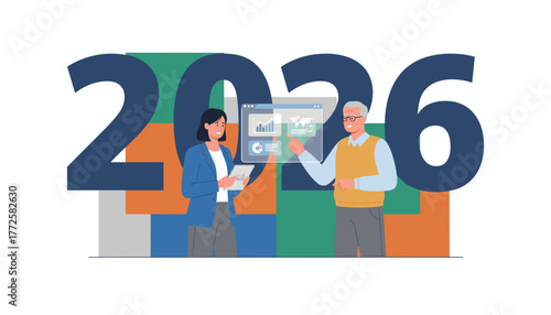 Business team analyzing future data projections and strategy for the year 2026
