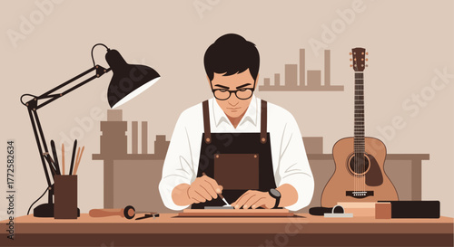 Dedicated craftsman meticulously working on guitar construction in a well-lit workshop, showcasing passion and skill