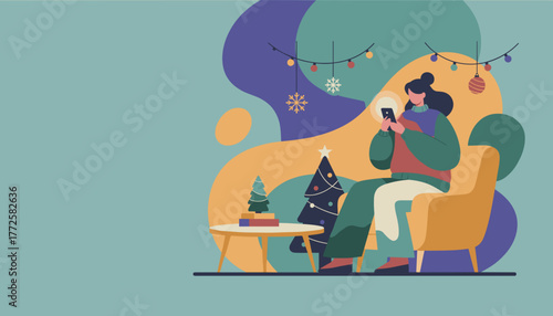 Woman relaxing in a cozy armchair using her smartphone surrounded by Christmas decor