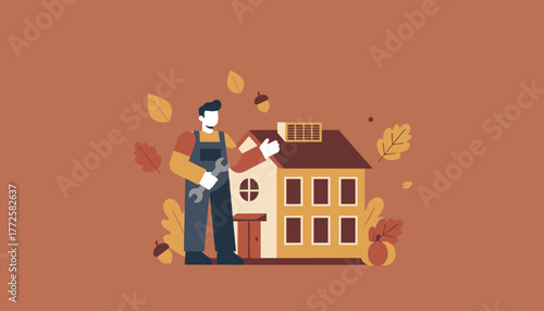 Fall home maintenance Repairman preparing HVAC system for cold weather