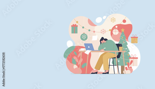 Holiday work stress Tired woman working remotely at desk with Christmas decorations