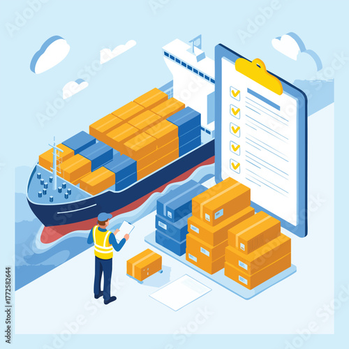 Cargo ship with stacked containers and worker checking clipboard at dock container ship