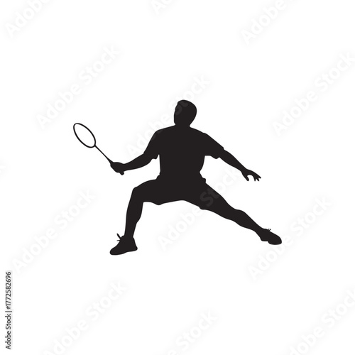 Silhouette of a badminton player mid-swing, poised to hit the shuttlecock.