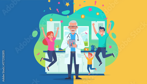 Doctor showing success chart to joyful family celebrating financial growth and health