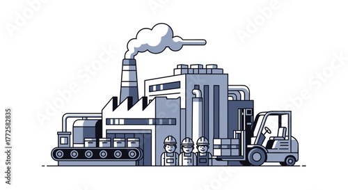 Manufacturing industry illustration workers factory conveyor belt and forklift operation