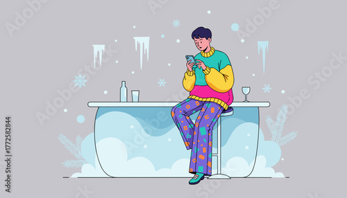 Young person checks smartphone at a colorful icy winter bar Digital communication and leisure concept