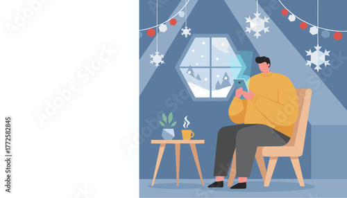 Cozy man uses smartphone indoors during winter holidays relaxing by the window with hot drink