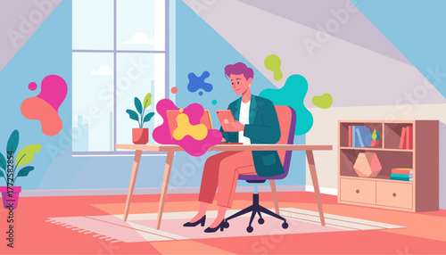 Remote worker uses laptop and tablet in a bright modern home office for creative digital tasks