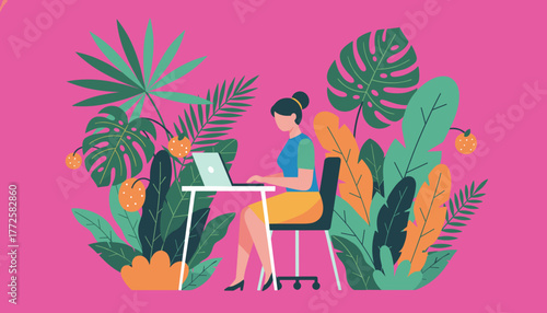 Digital nomad working remotely on a laptop in a vibrant tropical setting