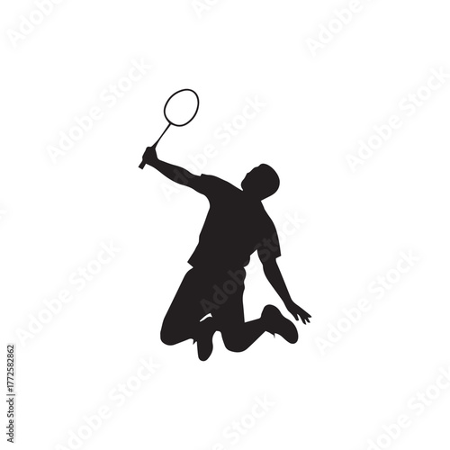Silhouette of a person jumping and swinging a badminton racket, ready to hit the shuttlecock.