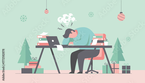 Holiday stress Overwhelmed worker at desk with Christmas decor and deadlines Business burnout