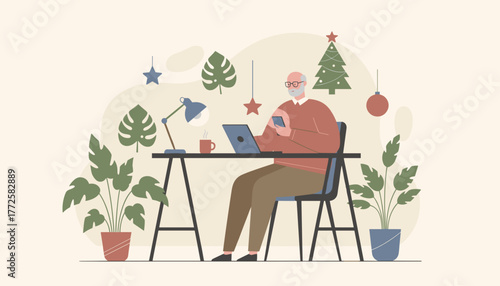 Mature man working on laptop at home office decorated for Christmas holidays