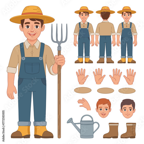 Cartoon farmer holding pitchfork with various body parts and accessories male