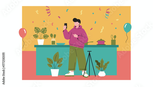 Man streams content or video calls from a colorful kitchen decorated for a party