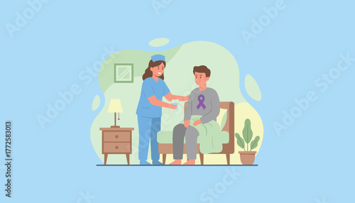 Nurse assists patient wearing purple awareness ribbon Medical care support and recovery illustration