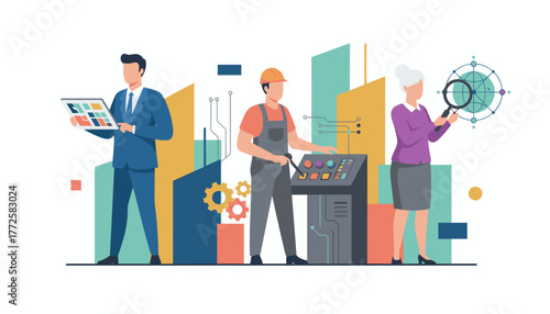 Team analyzing data managing industrial process and driving global technology development