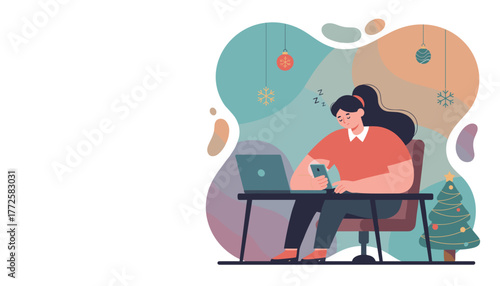 Tired woman distracted by phone while working on a laptop during the Christmas holidays