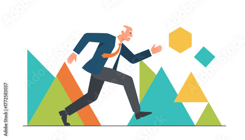 Senior businessman running over data charts striving for success and growth