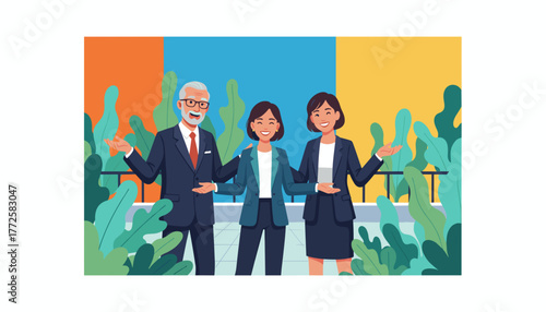 Diverse business team welcoming on a lush green balcony Success partnership and corporate teamwork illustration