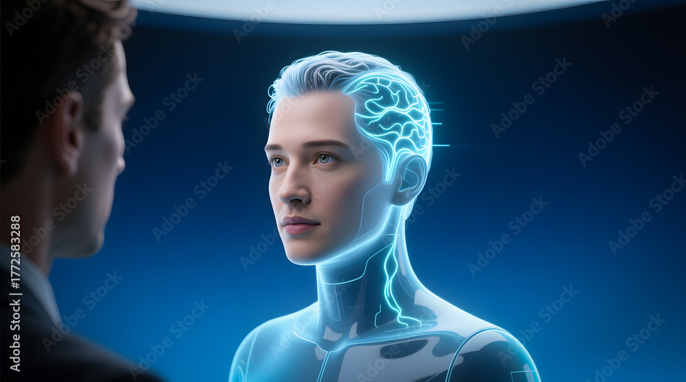 Obraz premium Future leadership, a businessman in virtual communication with a holographic AI system.