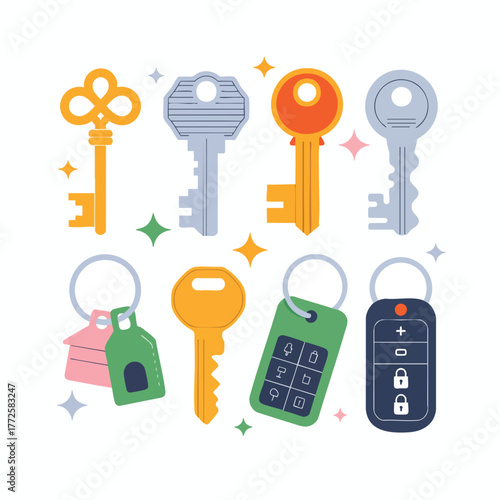 Collection of illustrated keys and car remote fobs with sparkling accents lock unlock