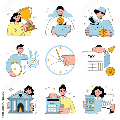 Collection of illustrations depicting financial concepts and actions finance money