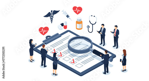Diverse business team collaborates on healthcare strategy with medical icons and magnifying glass reviewing data