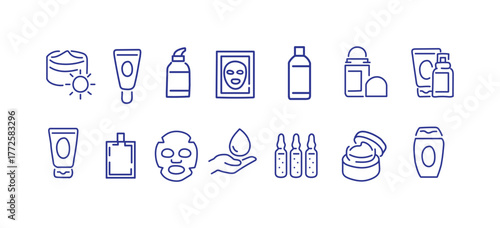 Skincare product editable stroke outline icons set isolated on white background flat vector illustration. Pixel perfect. 64 x 64.