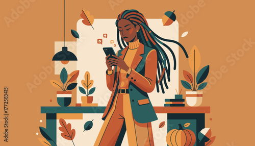 Stylish Black woman uses smartphone for communication or social media in modern autumnal flat design