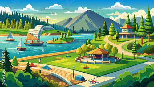 Very beautiful summer day at McEuen Park in Coeur d'Alene, Idaho, USA, featuring lush green lawns, walking paths, water features, nearby resorts, and Tubbs Hill with lakefront views under clear sunny 