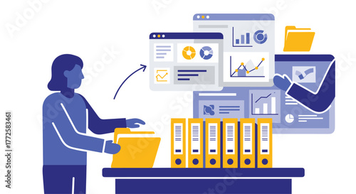 Professional woman organizing data and charts, streamlining business information with modern digital dashboards and binders
