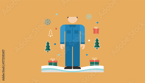 Industrial worker in hard hat surrounded by Christmas gifts trees and snow