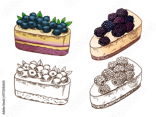 Tasty Creamy Sweet Dessert. Vintage Vector Monochrome Illustration. Hand drawn sketch of Delicious Cake With  blueberries.  Design Gastronomy Product element.